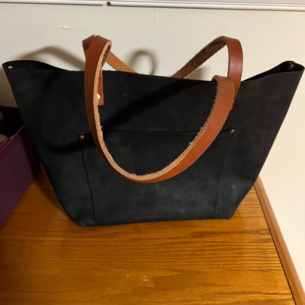 Portland Leather Goods Limited edition Black Leather Tote with Tan handles